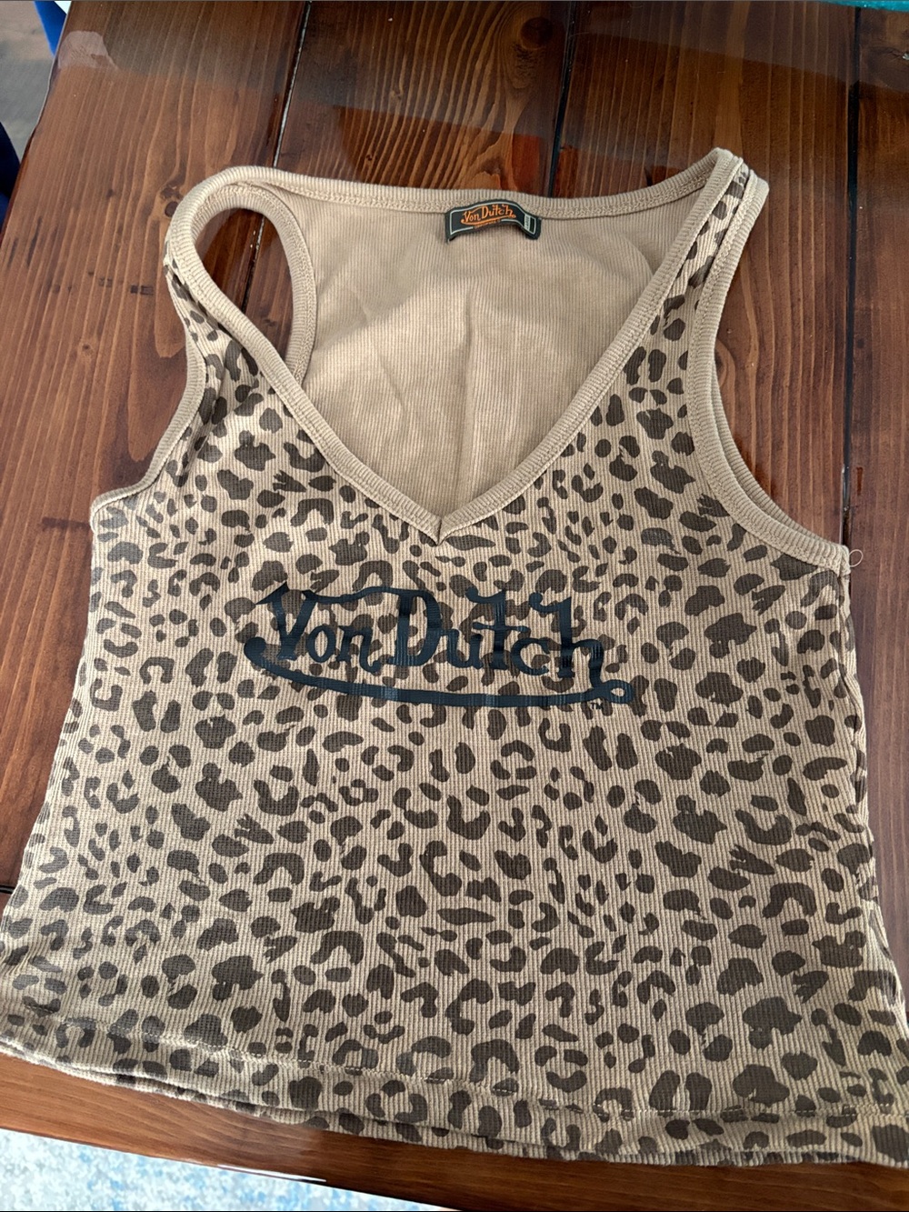 Von Dutch Leopard Print Ribbed V-Neck Tank in Tan and Brown